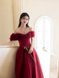 A-Line Off Shoulder Satin Tulle Burgundy Long Prom Dress