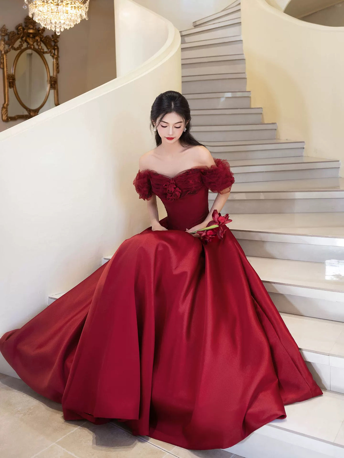 A-Line Off Shoulder Satin Tulle Burgundy Long Prom Dress