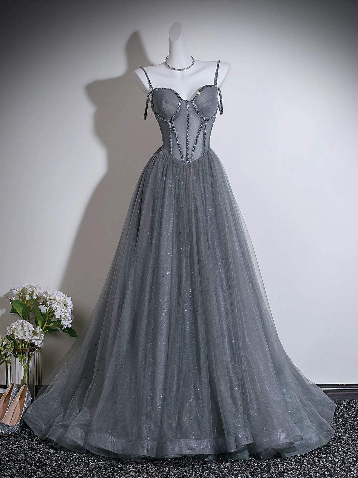 A- line Sweetheart Neck Tulle Sweep Train Gray Prom Dress with Beads
