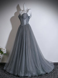 A- line Sweetheart Neck Tulle Sweep Train Gray Prom Dress with Beads