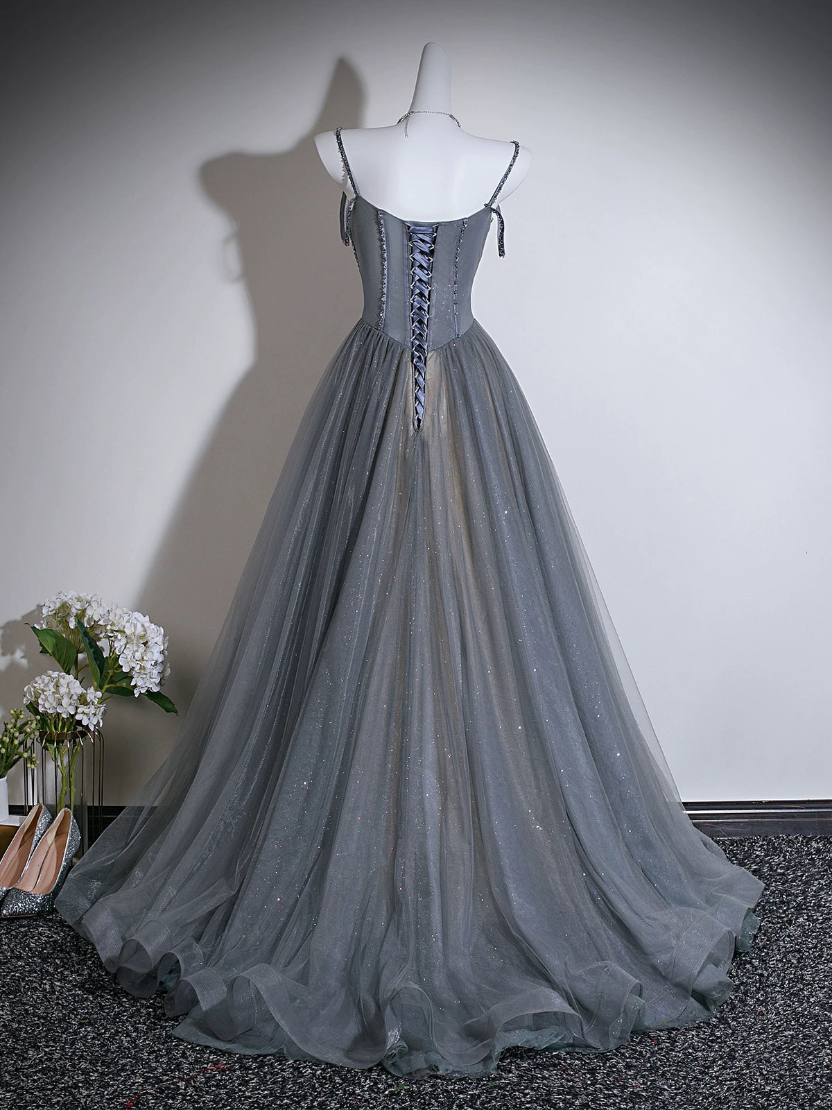 A- line Sweetheart Neck Tulle Sweep Train Gray Prom Dress with Beads