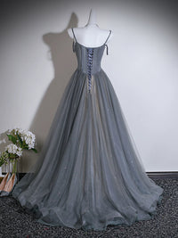 A- line Sweetheart Neck Tulle Sweep Train Gray Prom Dress with Beads
