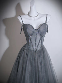 A- line Sweetheart Neck Tulle Sweep Train Gray Prom Dress with Beads