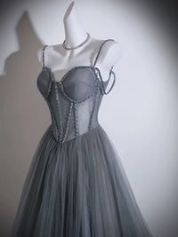 A- line Sweetheart Neck Tulle Sweep Train Gray Prom Dress with Beads