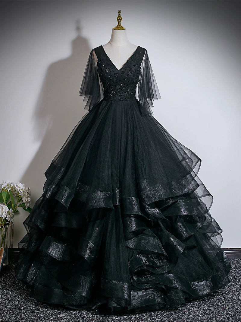 A-Line V Neck Floor Length Tulle Lace Black Long Prom Dress – toptby