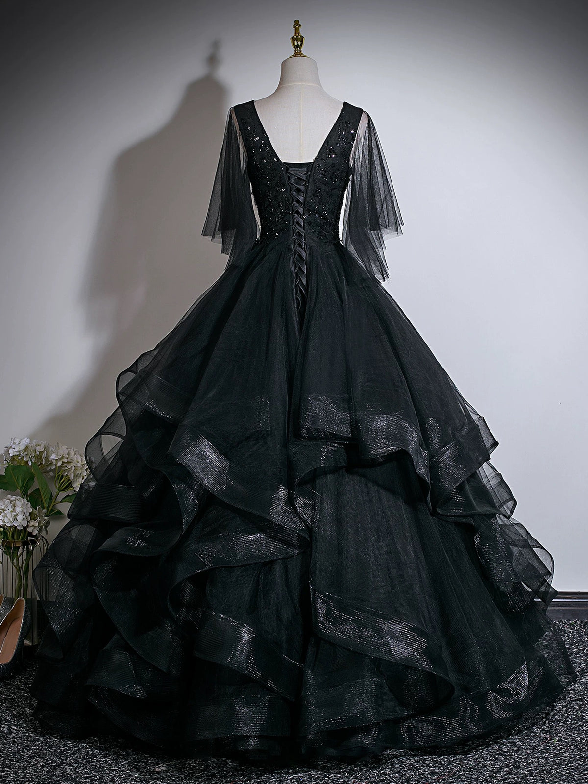 A-Line V Neck Floor Length Tulle Lace Black Long Prom Dress