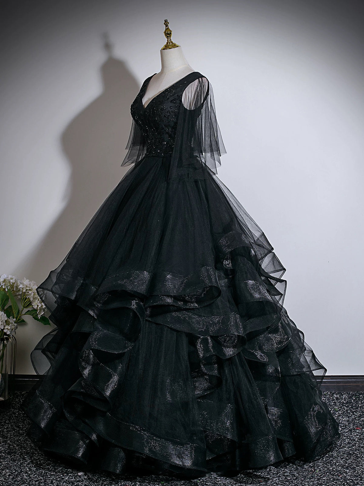 A-Line V Neck Floor Length Tulle Lace Black Long Prom Dress