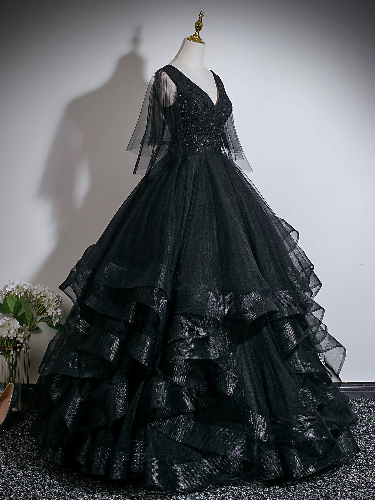 A-Line V Neck Floor Length Tulle Lace Black Long Prom Dress