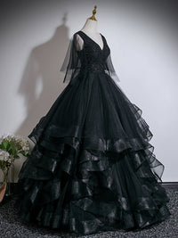 A-Line V Neck Floor Length Tulle Lace Black Long Prom Dress