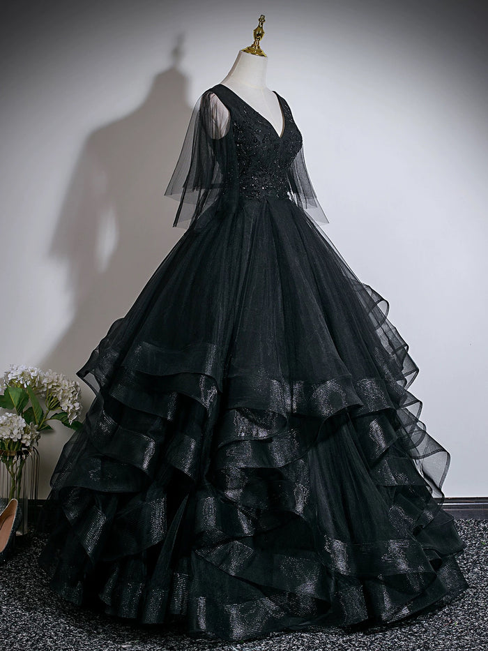 A-Line V Neck Floor Length Tulle Lace Black Long Prom Dress