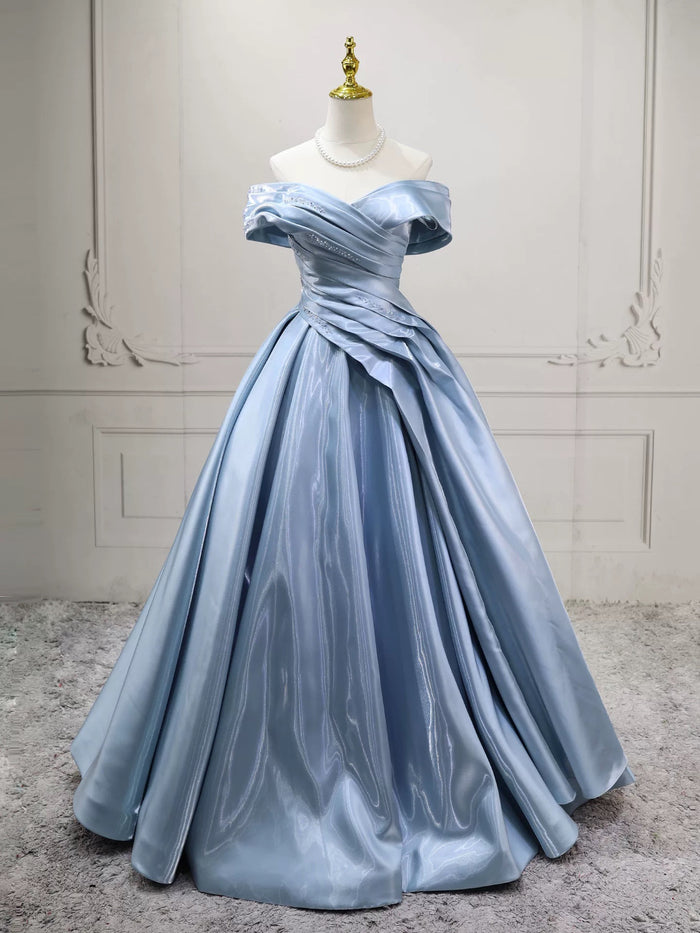 A-line Sweetheart Off Shoulder Satin Floor Length Blue Prom Dress with Beads