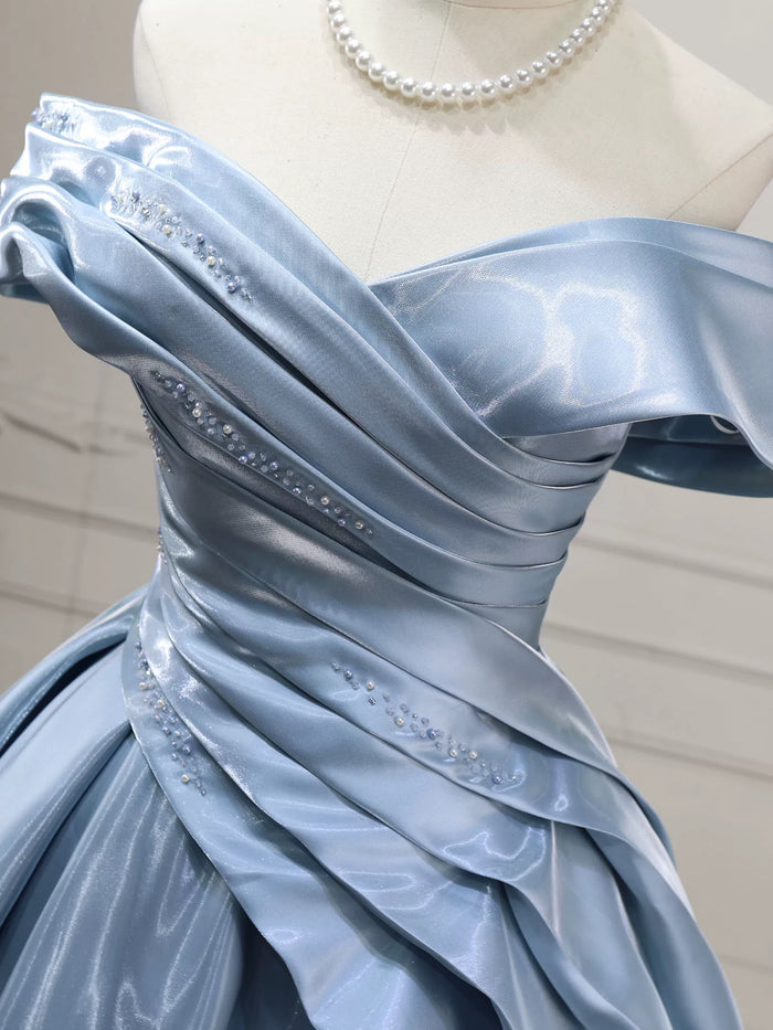 A-line Sweetheart Off Shoulder Satin Floor Length Blue Prom Dress with Beads