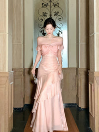 Mermaid Sweetheart Ruffles Silk Pink Long Prom Dress