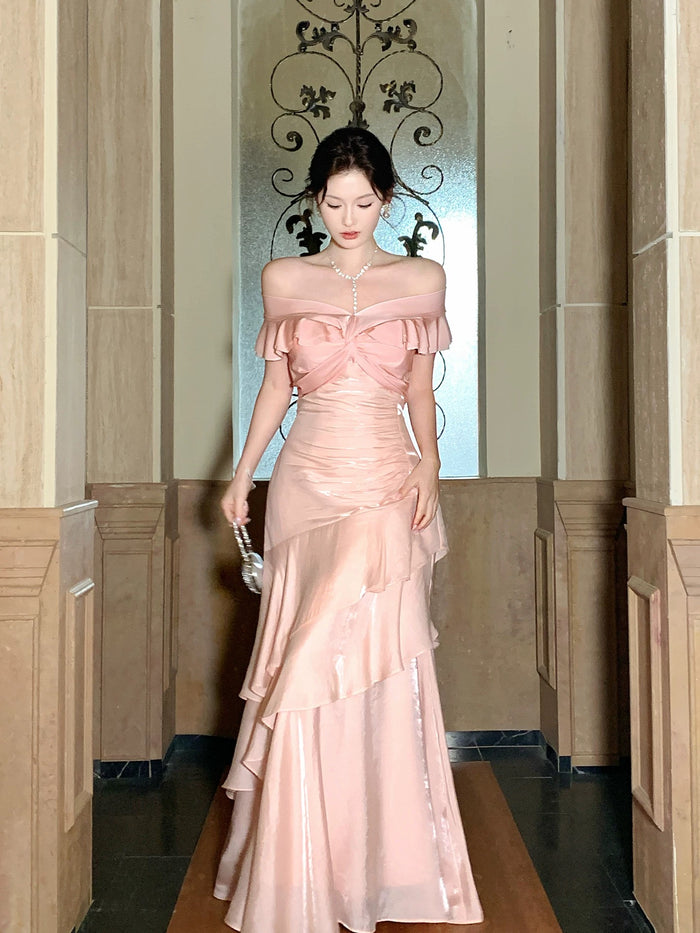 Mermaid Sweetheart Ruffles Silk Pink Long Prom Dress