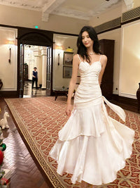 Mermaid Off Shoulder Tea Length Satin White Party Dress