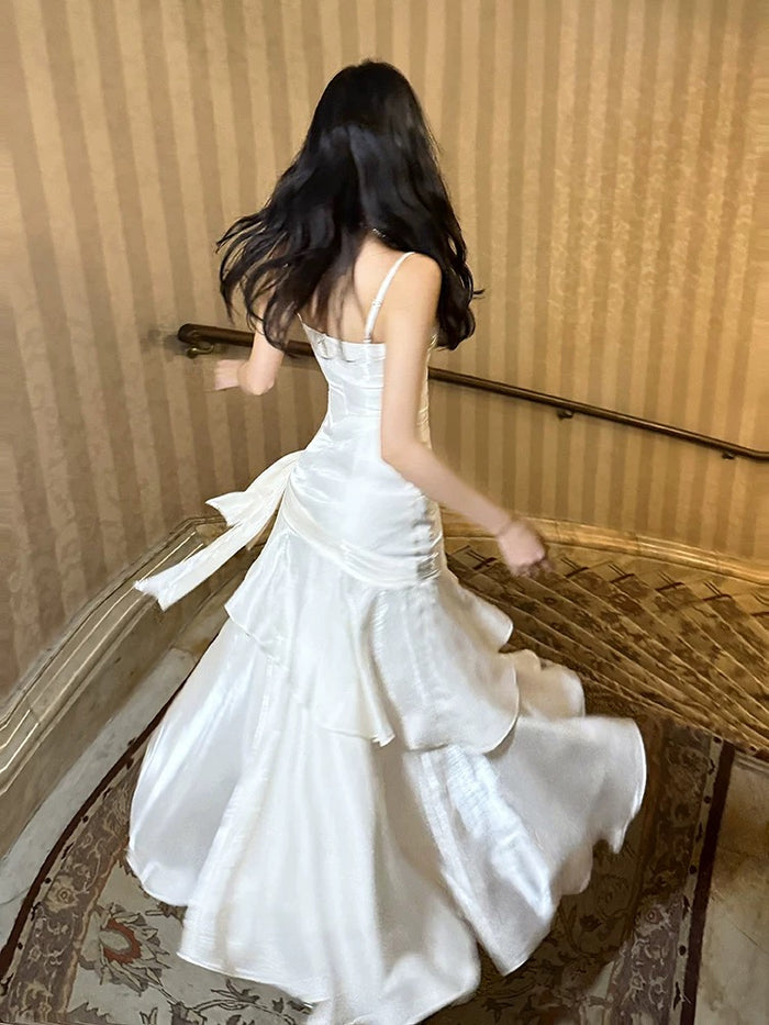 Mermaid Off Shoulder Tea Length Satin White Party Dress