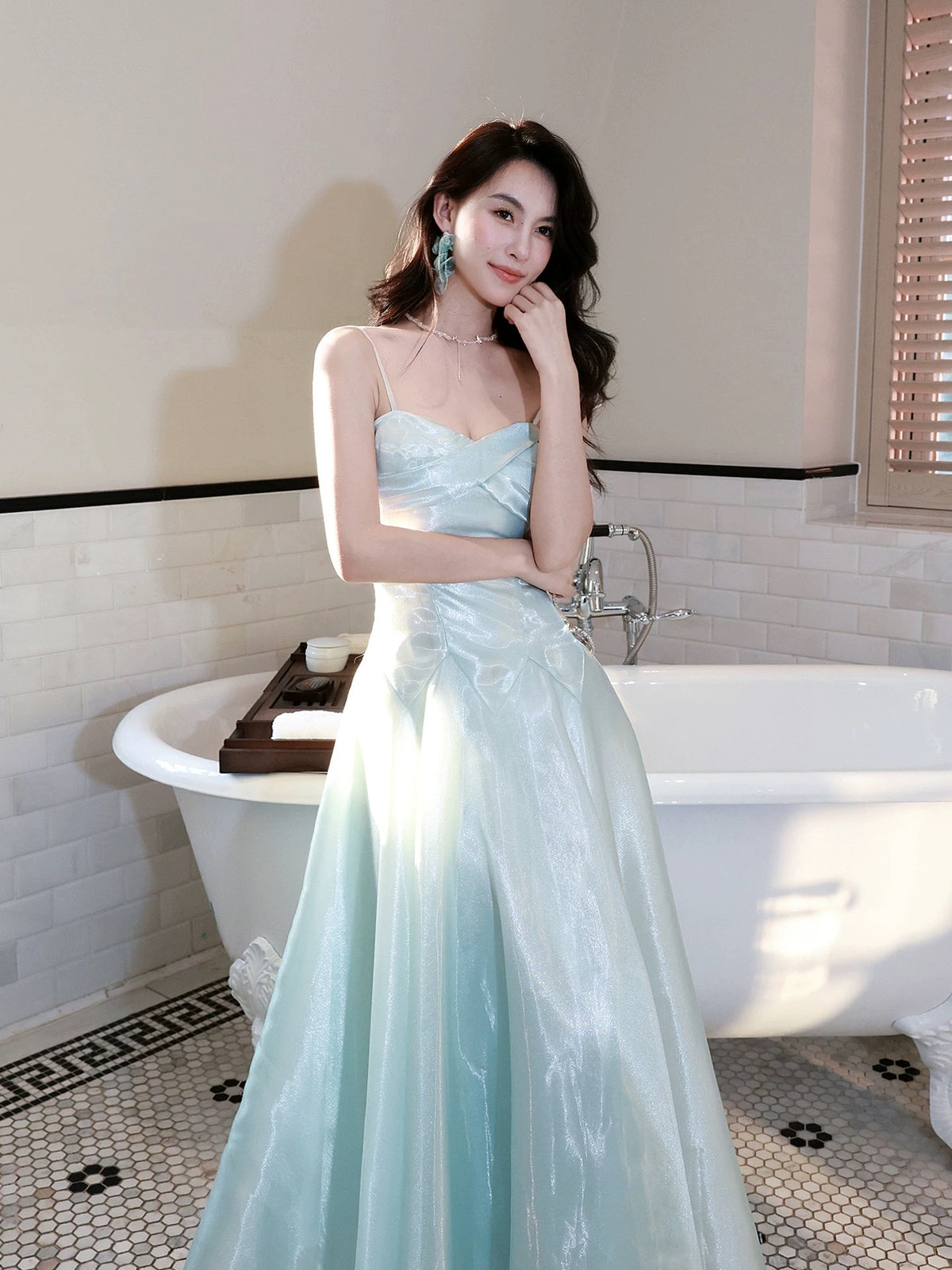 A-line Sweetheart Neck Blue Long Prom Dress
