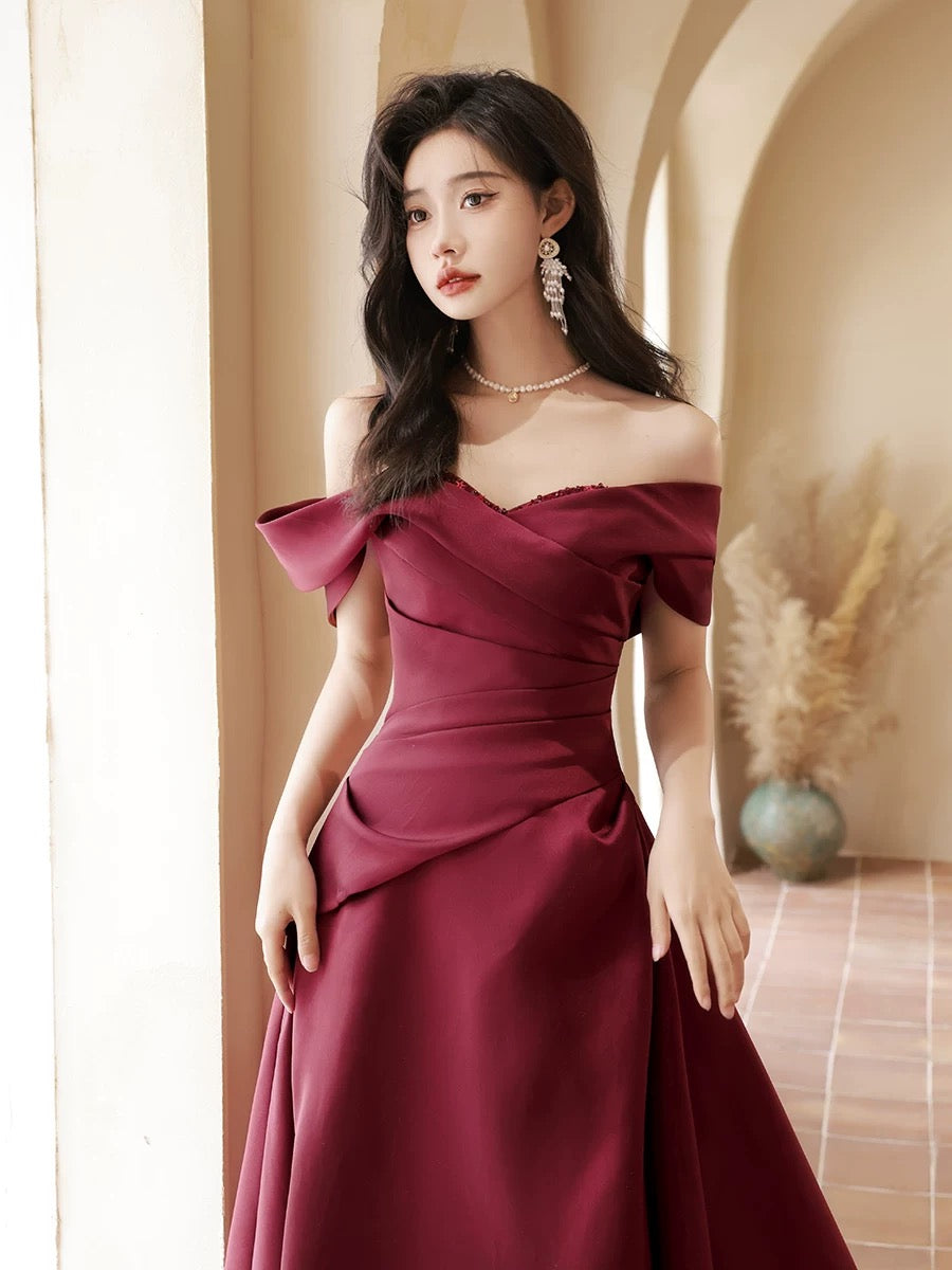 A-Line Off Shoulder Satin Sweet Train Dark Red Long Prom Dress