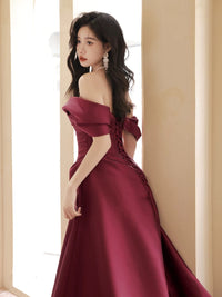 A-Line Off Shoulder Satin Sweet Train Dark Red Long Prom Dress