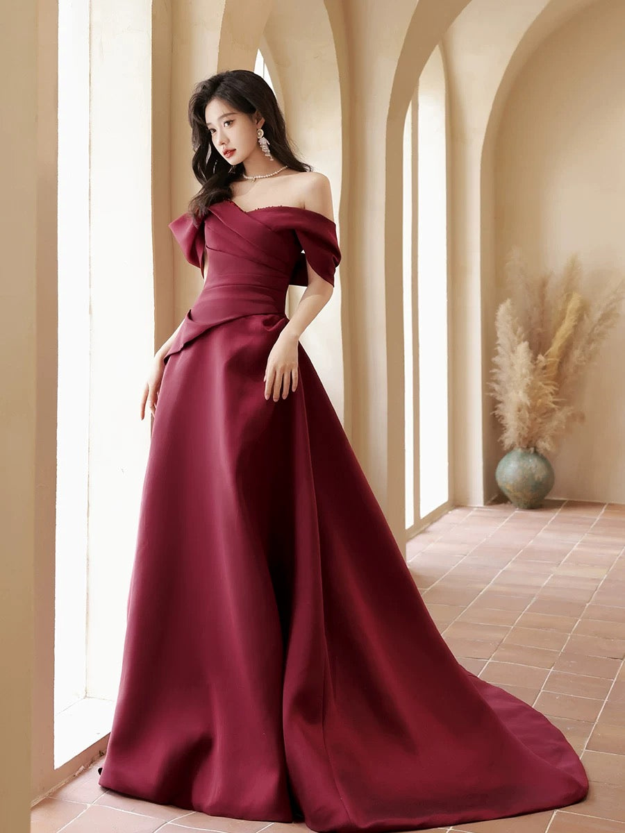 A-Line Off Shoulder Satin Sweet Train Dark Red Long Prom Dress