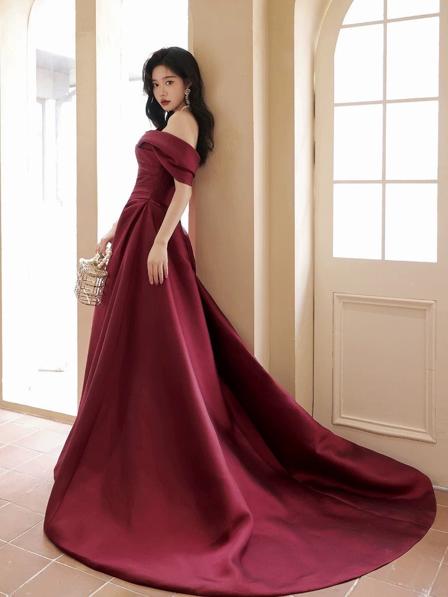 A-Line Off Shoulder Satin Sweet Train Dark Red Long Prom Dress