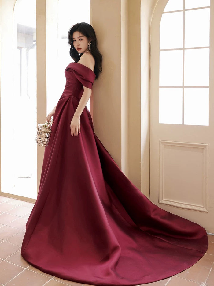 A-Line Off Shoulder Satin Sweet Train Dark Red Long Prom Dress
