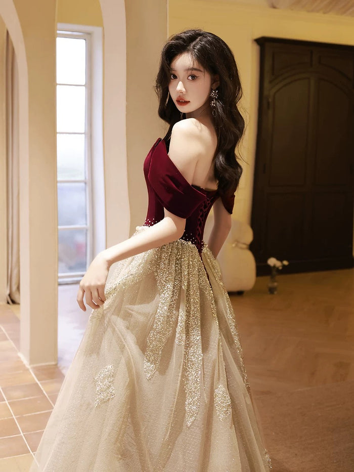 A-Line Off Shoulder Tulle Velvet Floor Length Champagne Prom Dress With Sequin