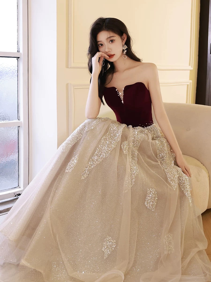 A-Line Off Shoulder Tulle Velvet Floor Length Champagne Prom Dress With Sequin