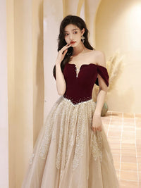 A-Line Off Shoulder Tulle Velvet Floor Length Champagne Prom Dress With Sequin