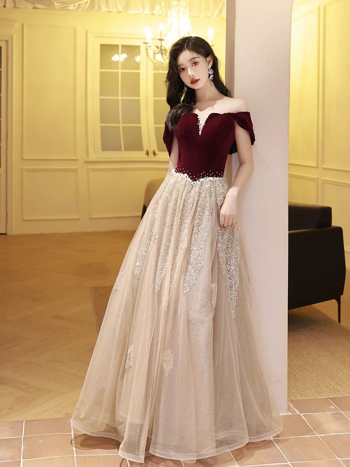A-Line Off Shoulder Tulle Velvet Floor Length Champagne Prom Dress With Sequin