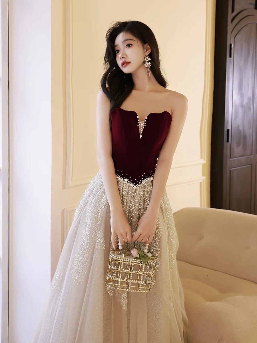 A-Line Off Shoulder Tulle Velvet Floor Length Champagne Prom Dress With Sequin