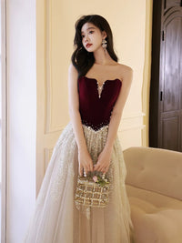 A-Line Off Shoulder Tulle Velvet Floor Length Champagne Prom Dress With Sequin
