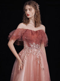 A-Line Tulle Lace Burgundy Long Prom Dress, Burgundy Long Formal Dress
