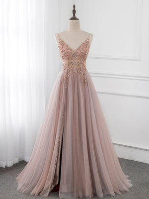 A-Line V Neck Tulle Beading Pink Long Evening Prom Dress. Pink Formal Dress main image 0