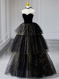 A-Line Sweetheart Neck Tulle Sequin Black Long Prom Dress, Black Formal Dress