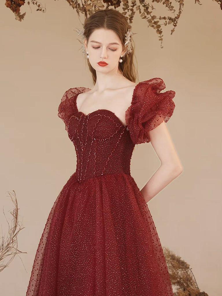 A-Line Sweetheart Neck Tulle Burgundy Long Prom Dress, Burgundy Long Formal Dress