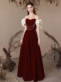 A-Line Sweetheart Neck Velvet Burgundy Long Prom Dress, Burgundy Long Evening Dress