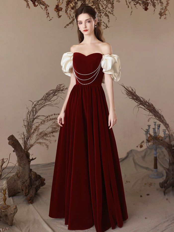 Sweetheart Neck Burgundy Organza Velvet Homecoming Dresses with