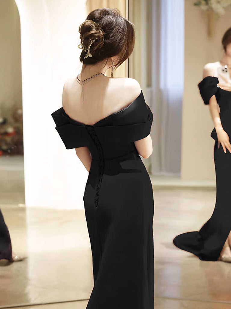Simple Off Shoulder Satin Mermaid Black Long Prom Dress, Black Long Formal Dress