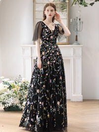 Black A-Line Tulle Lace Long Prom Dress, Black Long Evening Dress