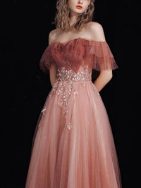 A-Line Tulle Lace Burgundy Long Prom Dress, Burgundy Long Formal Dress