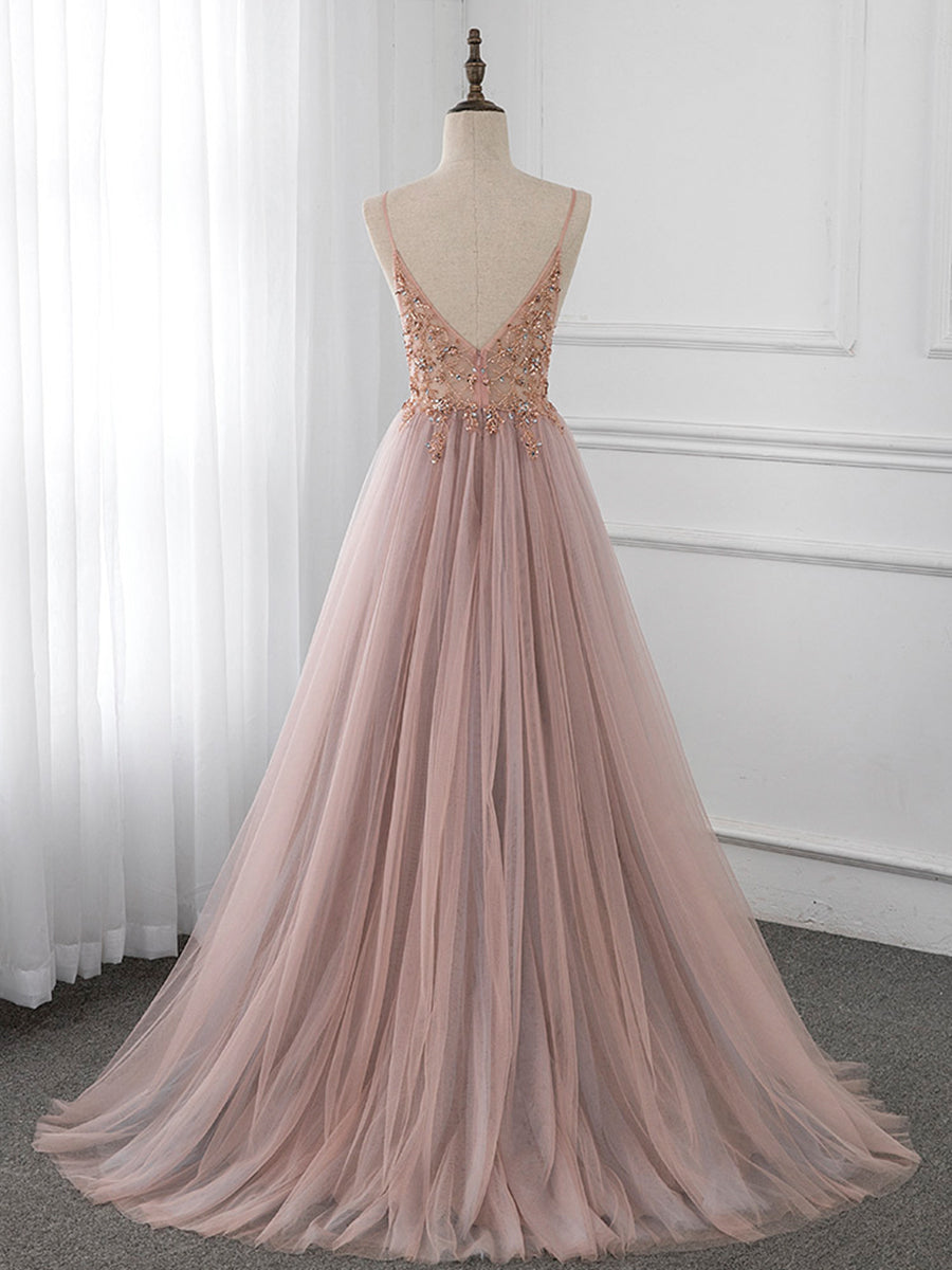 A-Line V Neck Tulle Beading Pink Long Prom Dress. Pink Formal Dress – toptby