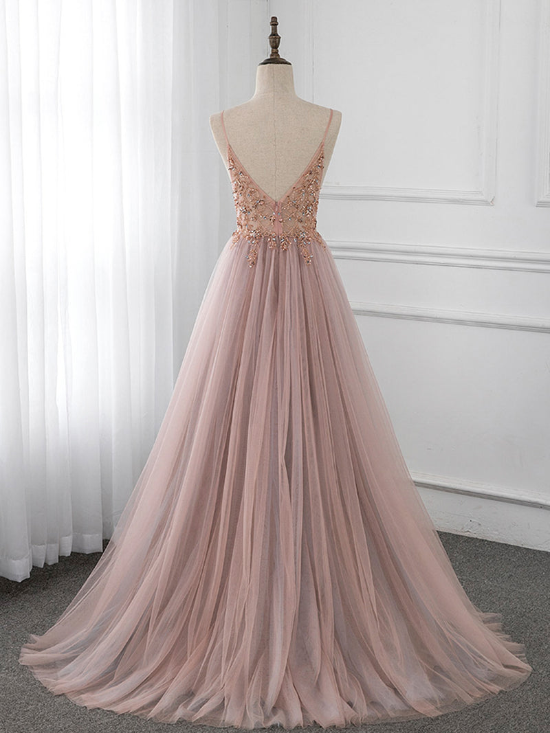 A-Line V Neck Tulle Beading Pink Long Prom Dress. Pink Formal Dress