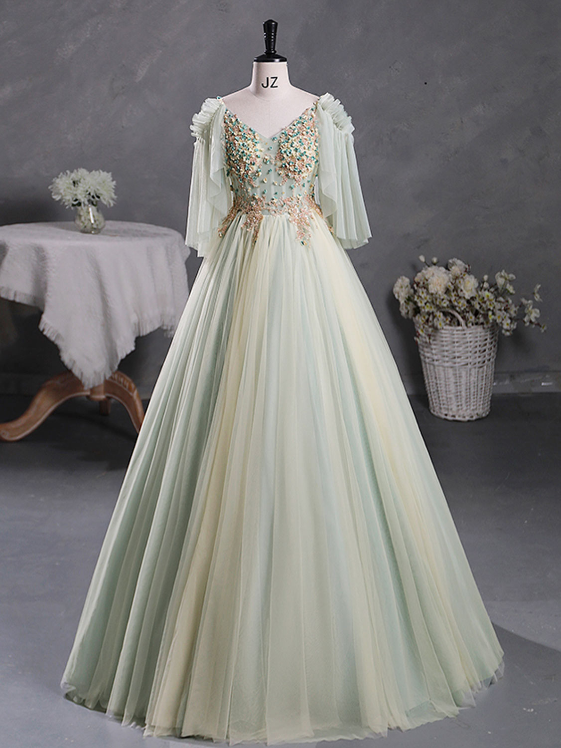Green A-Line 3D Lace Long Prom Dress, Green Lace Sweet 16 Dress toptby Green A-Line 3D Lace Long Prom Dress, Green Lace Sweet 16 Dress toptby
