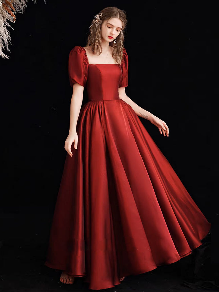 A-Line Organza Burgundy Long Prom Dress, Burgundy Long Formal Dress