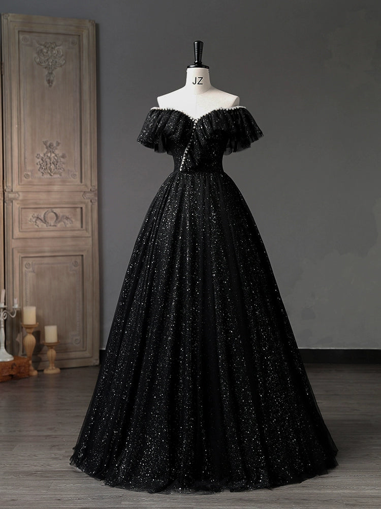 A-Line Sweetheart Neck Tulle Sequin Black Long Prom Dress, Black Long