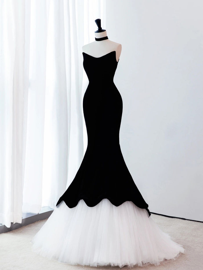 Black Mermaid Velvet Tulle Long Prom Dress, Black Evening Dress