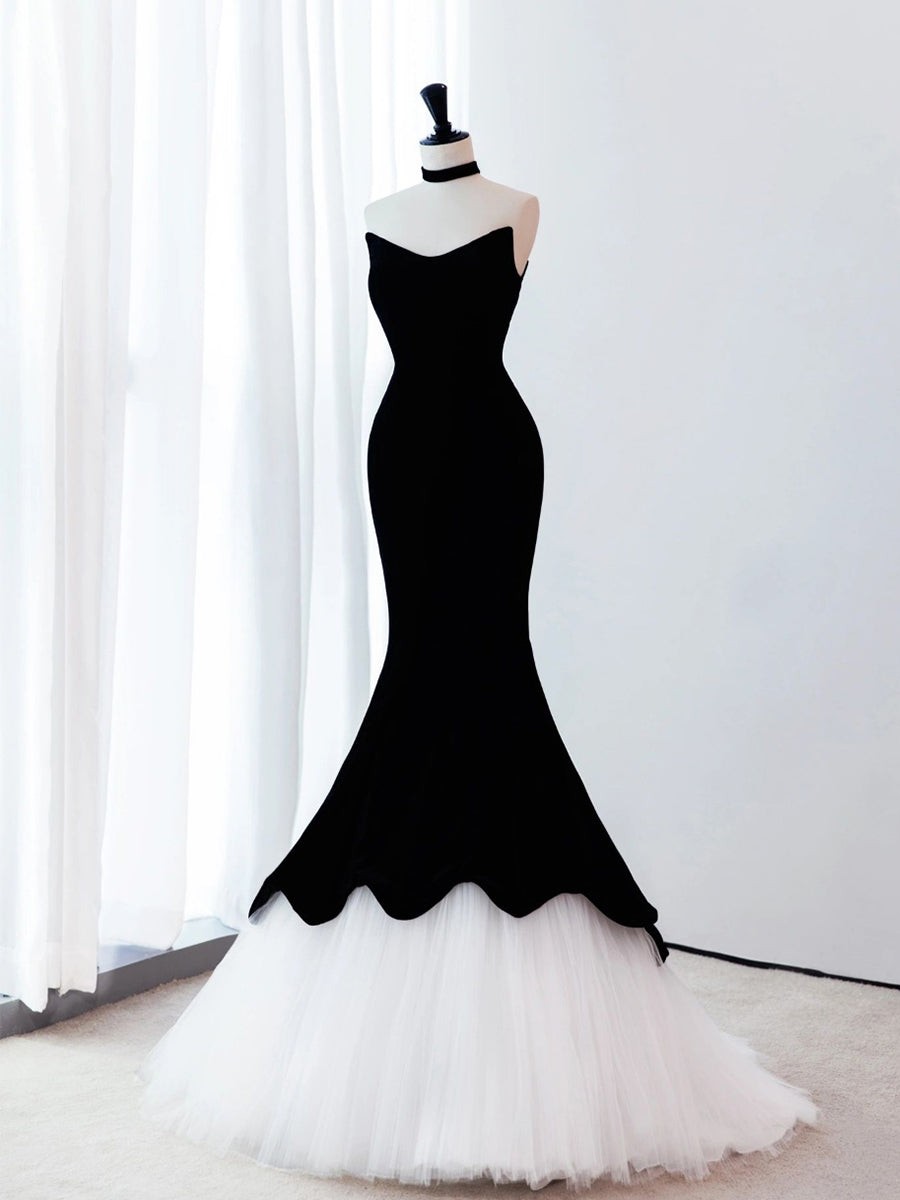 black mermaid tulle dress Black Mermaid Velvet Tulle Long Prom Dress, Black Evening Dress – toptby