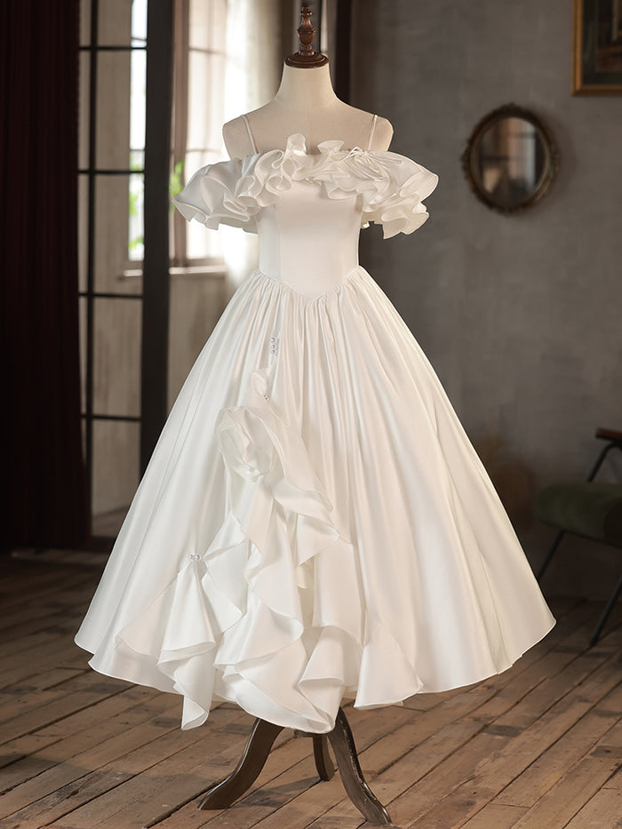 Retro A-Line Tea Length Ivory Prom Dress, White Wedding Party Dress