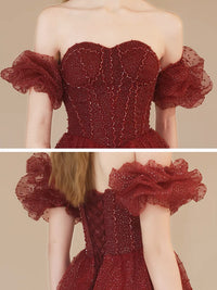 A-Line Sweetheart Neck Tulle Burgundy Long Prom Dress, Burgundy Long Formal Dress